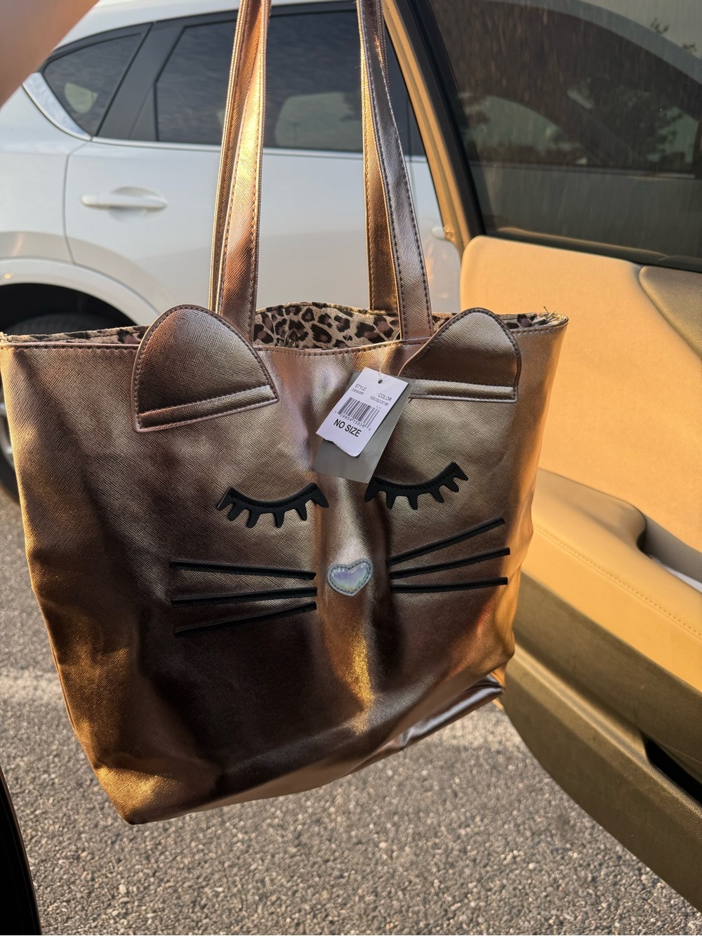 Metallic Bronze Cat Tote Bag with Leopard Lining